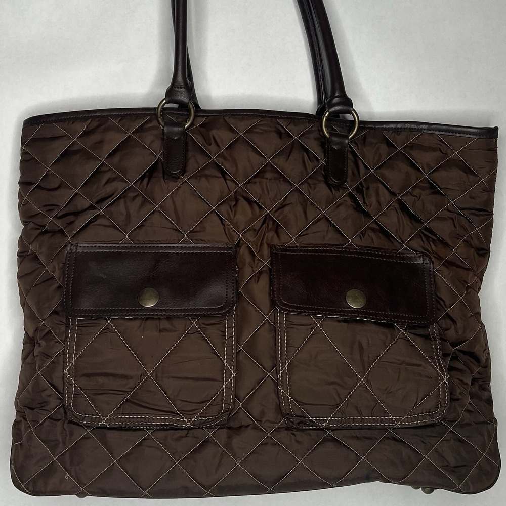 OLD NAVY Satin‎ Tote Bag Brown Quilted 13"x15"x4" Overnight 2 Straps Weekender